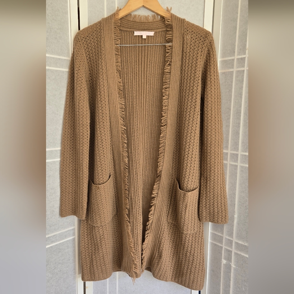 The Cashmere Project Cashmere Tan Fringed Open Front Long Cardigan